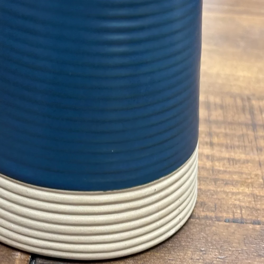 Crate&barrel blue and beige ceramic ribbed candle holder
